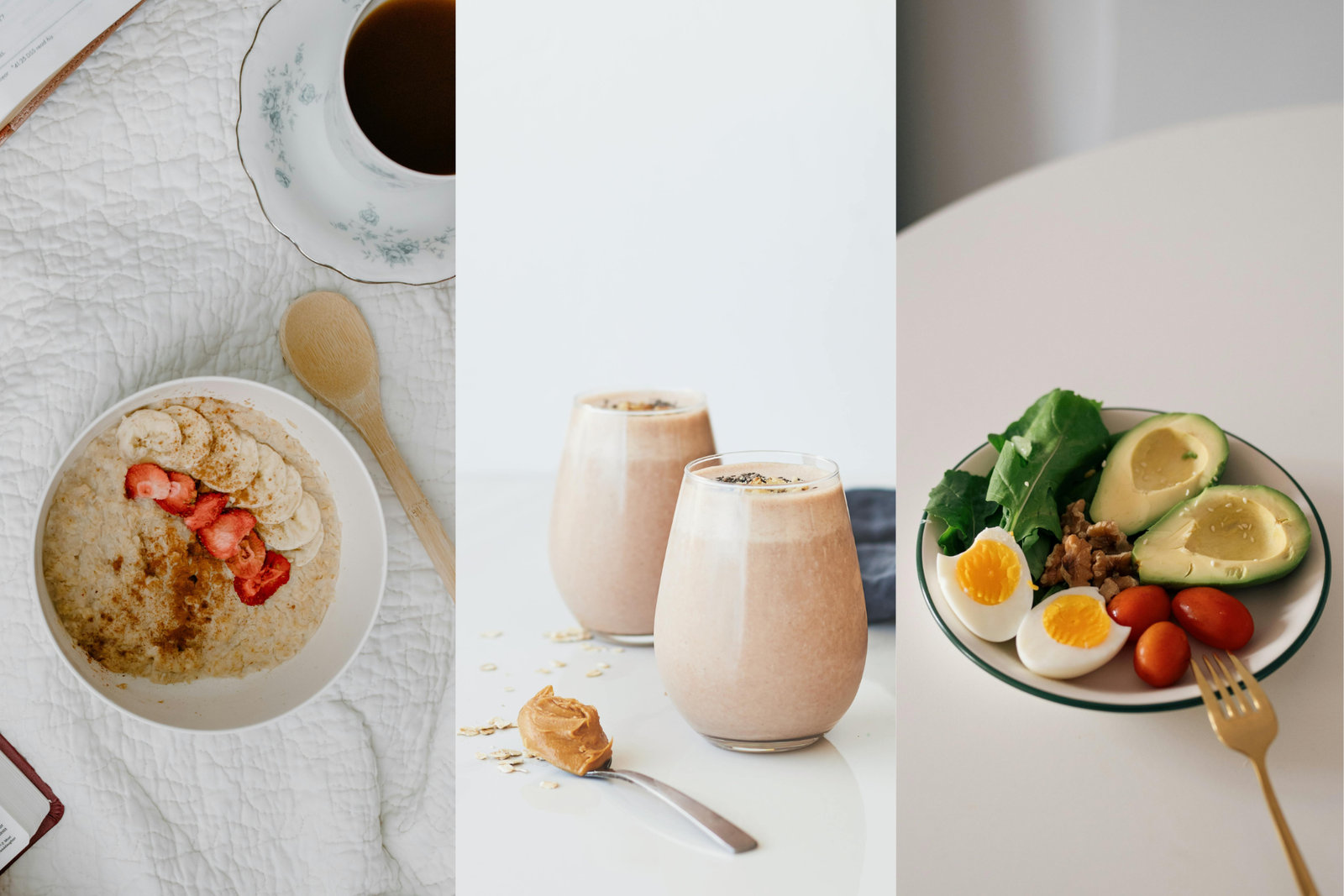Healthy breakfast ideas including oatmeal with fruit, a chocolate smoothie with peanut butter, and a protein-packed avocado egg plate